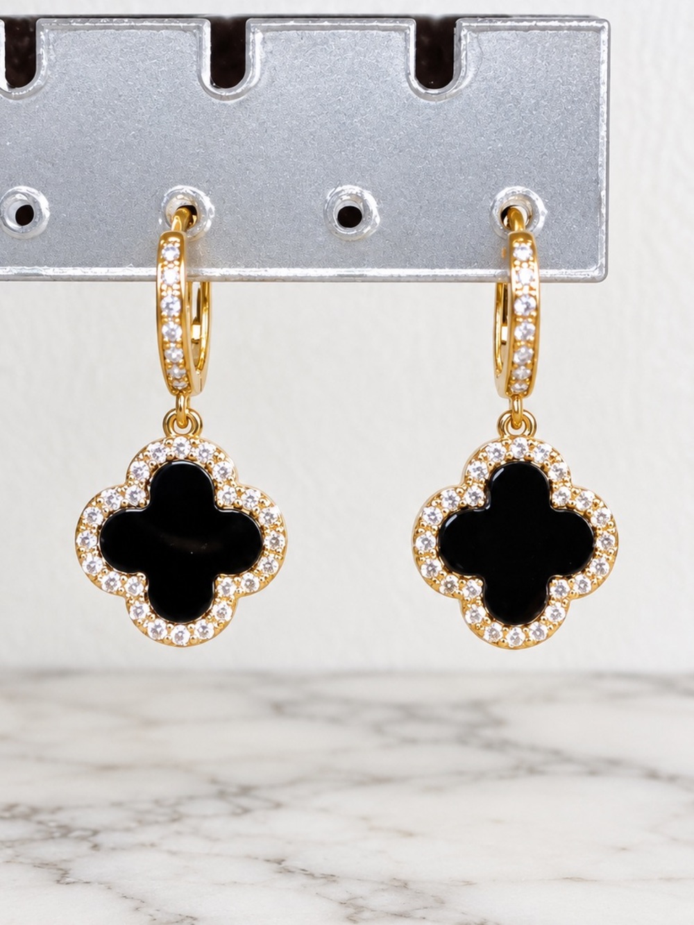 Black Clover Drop Earrings with Crystal Accents